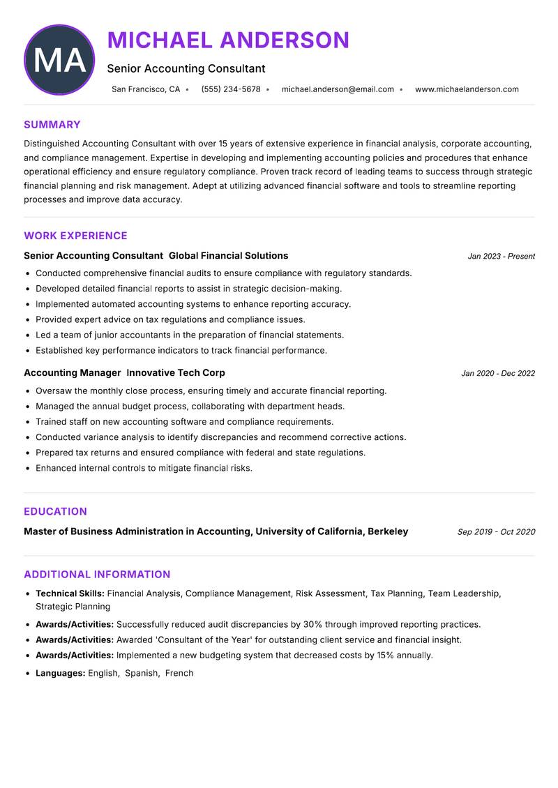 Accounting Consultant resume example — ATS-friendly template