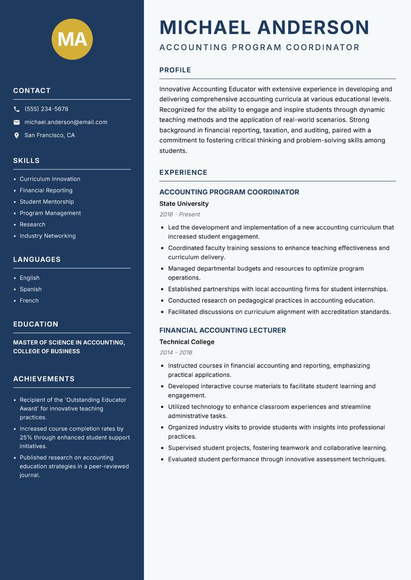 Accounting Educator resume template — Classic Clean