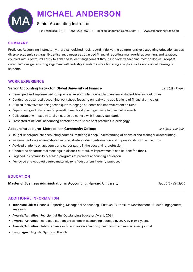 Accounting Instructor resume example — ATS-friendly template