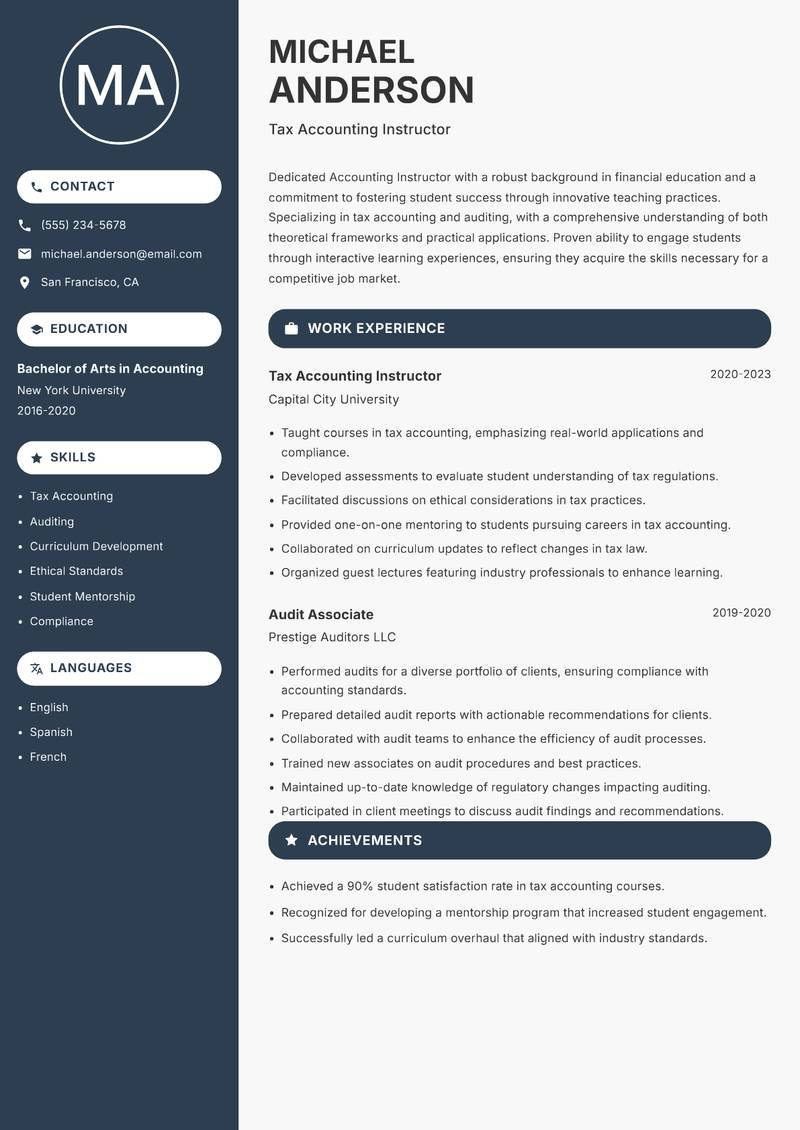 Accounting Instructor resume template — Compact