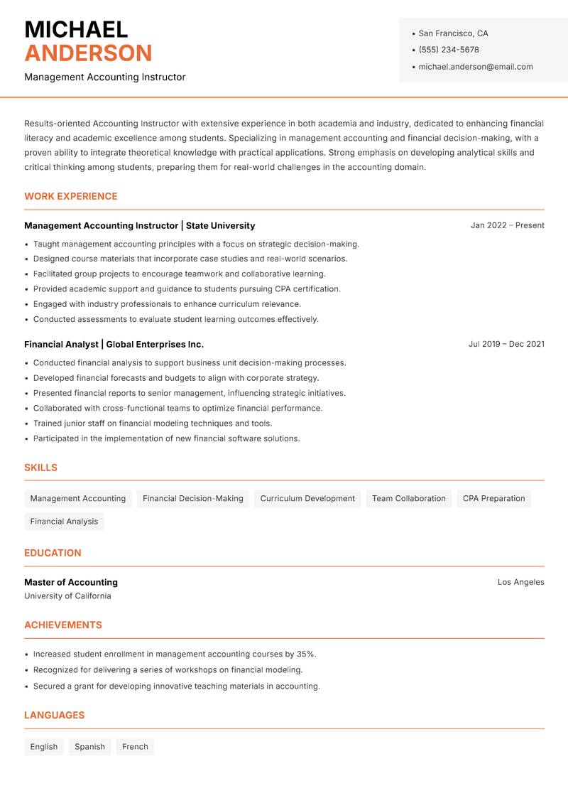 Accounting Instructor resume template — Modern Professional