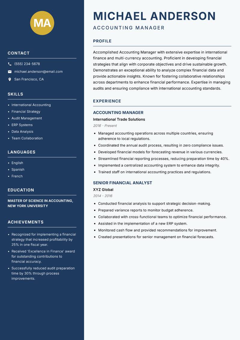 Accounting Manager resume template — Classic Clean