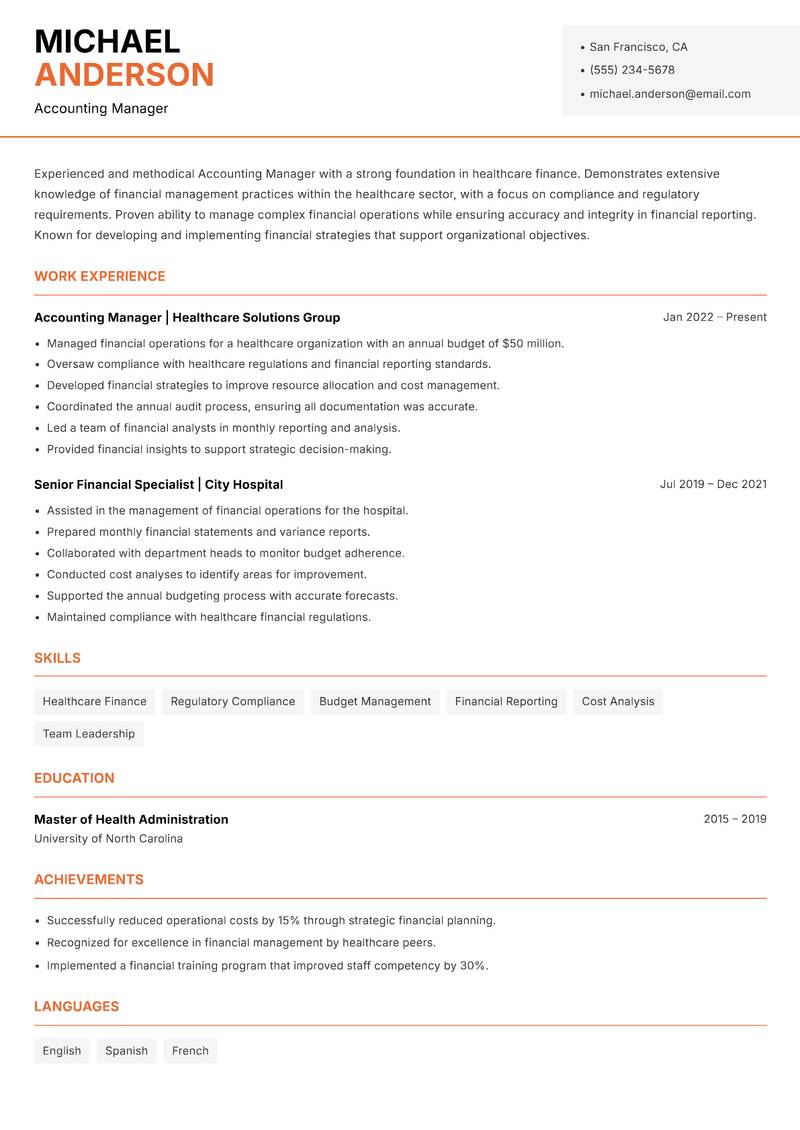 Accounting Manager resume template — Modern Professional