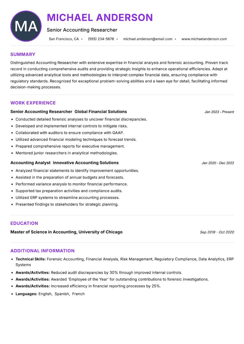 Accounting Researcher resume example — ATS-friendly template