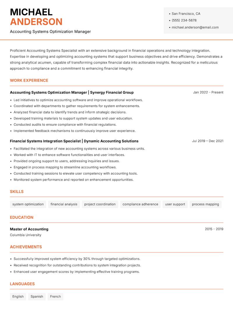 Accounting Systems Specialist resume template — Modern Professional