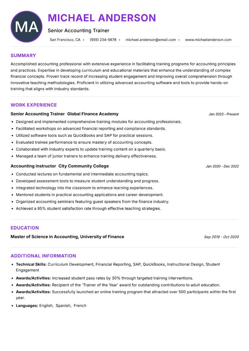 Accounting Trainer resume example — ATS-friendly template