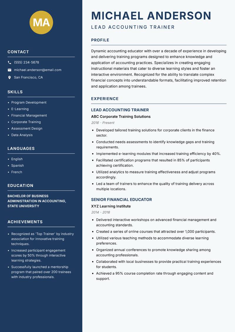 Accounting Trainer resume template — Classic Clean