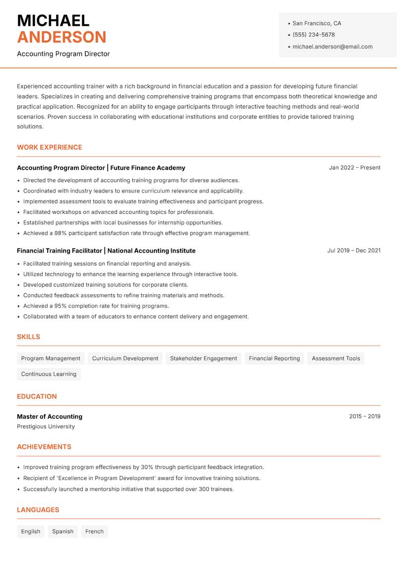 Accounting Trainer resume template — Modern Professional