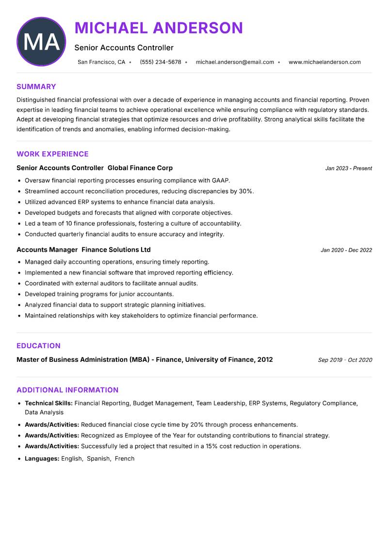 Accounts Controller resume example — ATS-friendly template