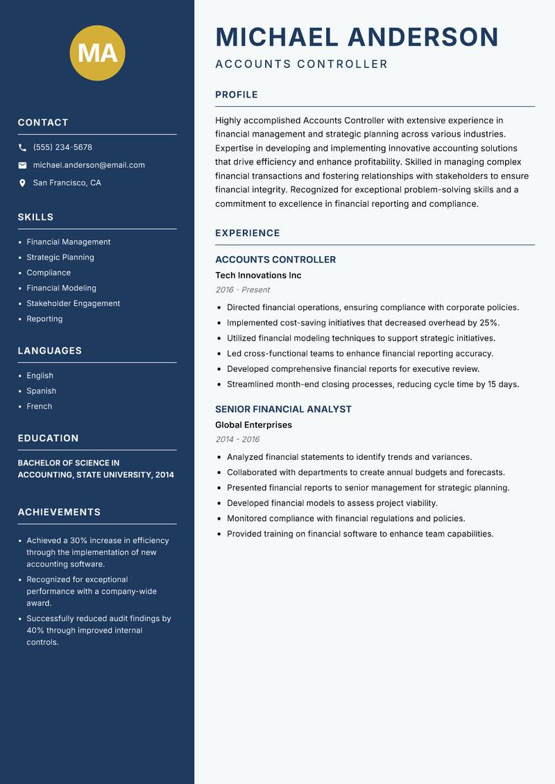 Accounts Controller resume template — Classic Clean