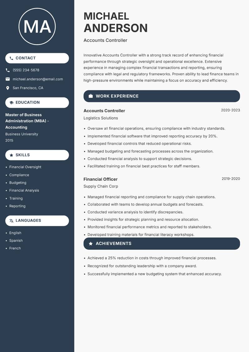 Accounts Controller resume template — Compact