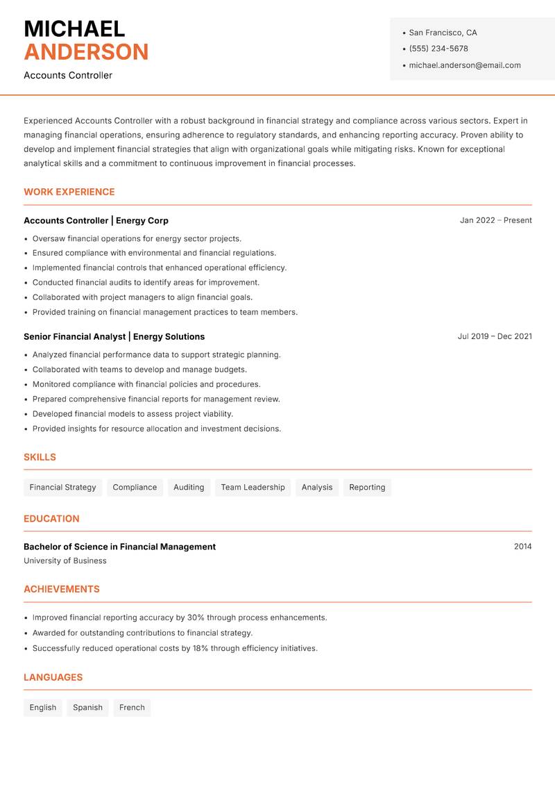 Accounts Controller resume template — Modern Professional