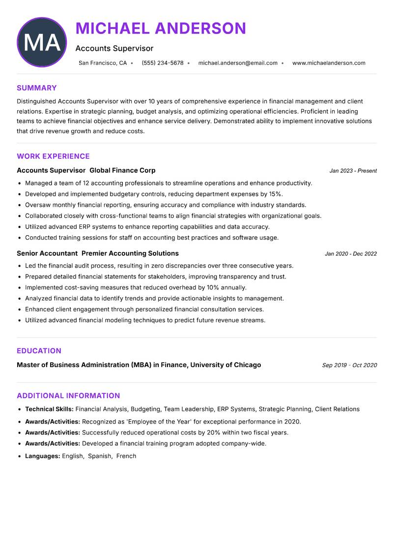 Accounts Supervisor resume example — ATS-friendly template