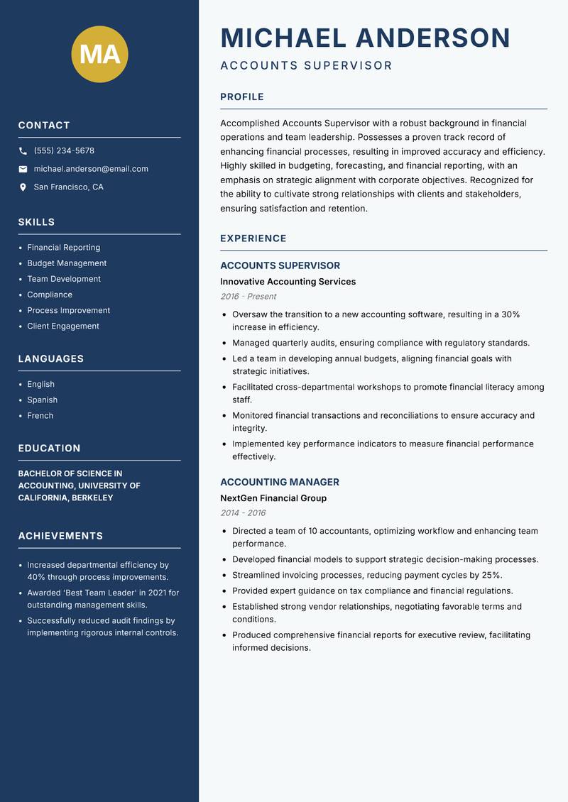 Accounts Supervisor resume template — Classic Clean