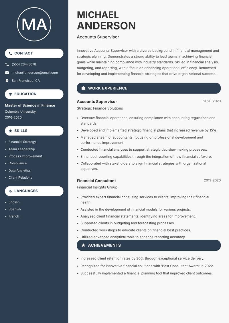 Accounts Supervisor resume template — Compact