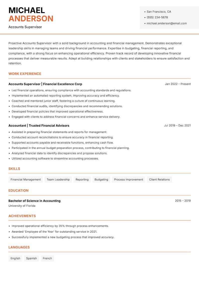 Accounts Supervisor resume template — Modern Professional