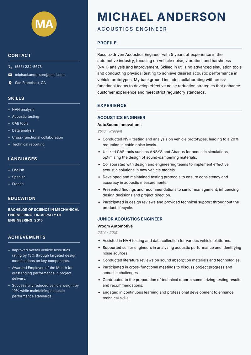 Acoustics Engineer resume template — Classic Clean