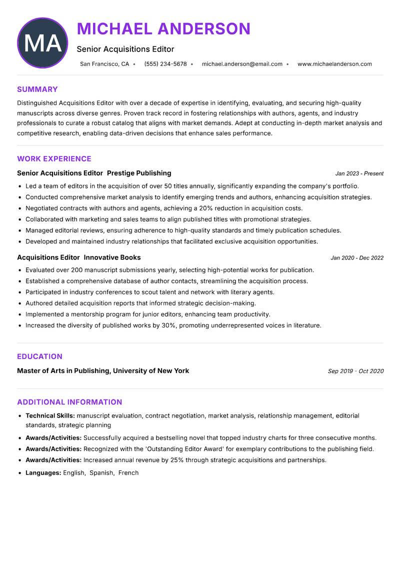 Acquisitions Editor resume example — ATS-friendly template