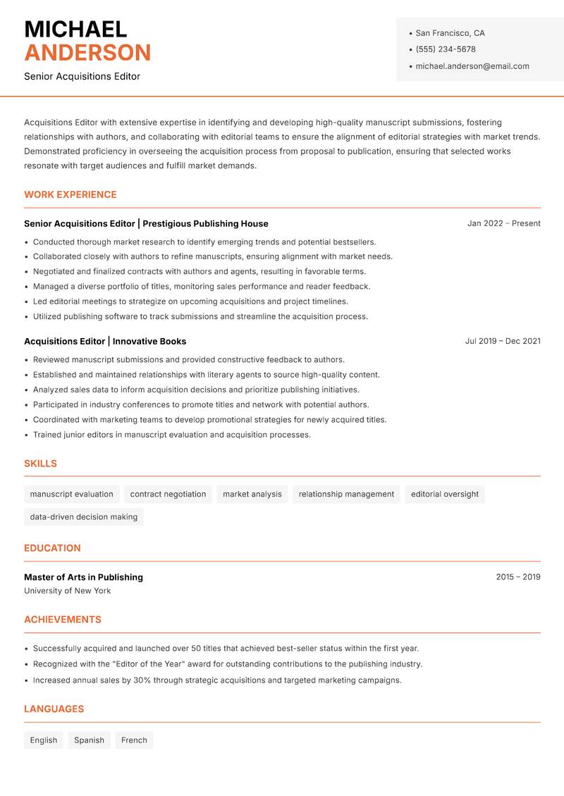 Acquisitions Editor resume template — Modern Professional