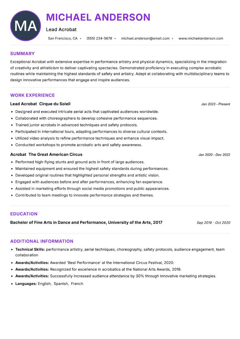 Acrobat resume example — Performing Arts