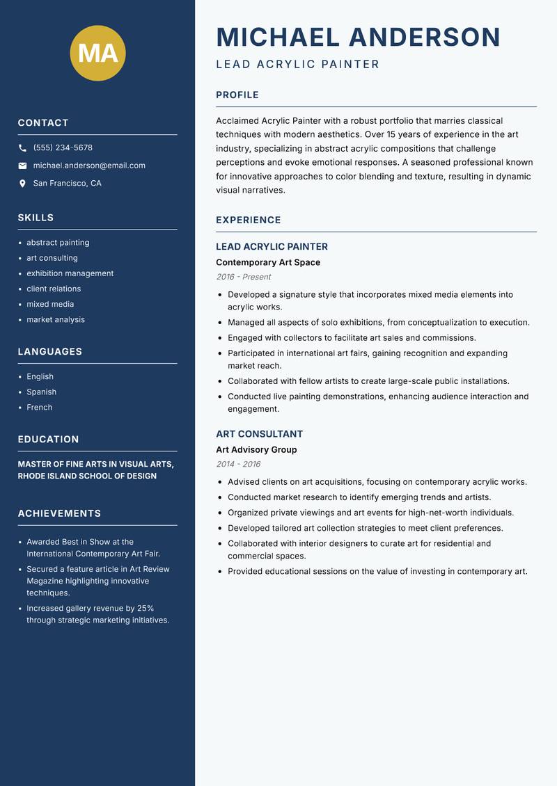 Acrylic Painter resume template — Classic Clean