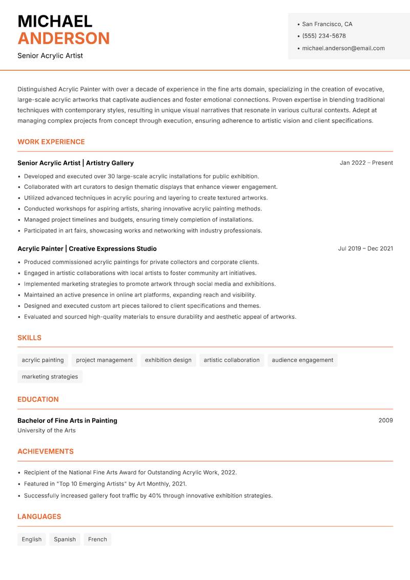 Acrylic Painter resume template — Modern Professional