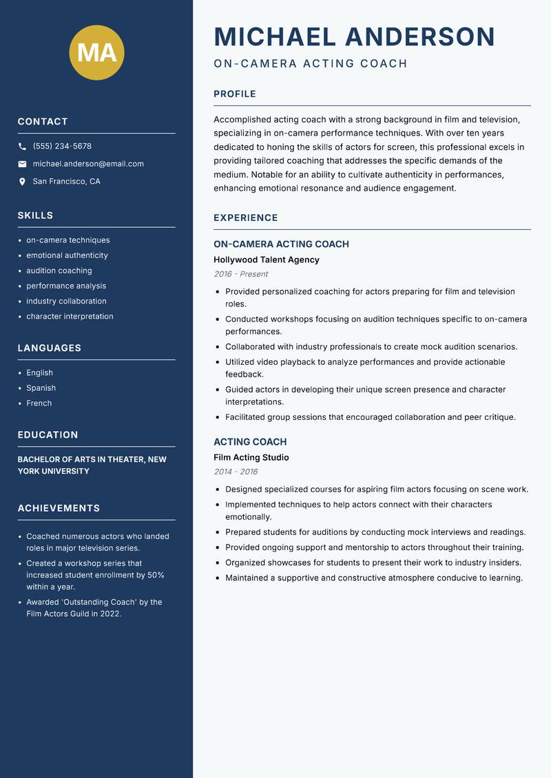 Acting Coach resume template — Classic Clean
