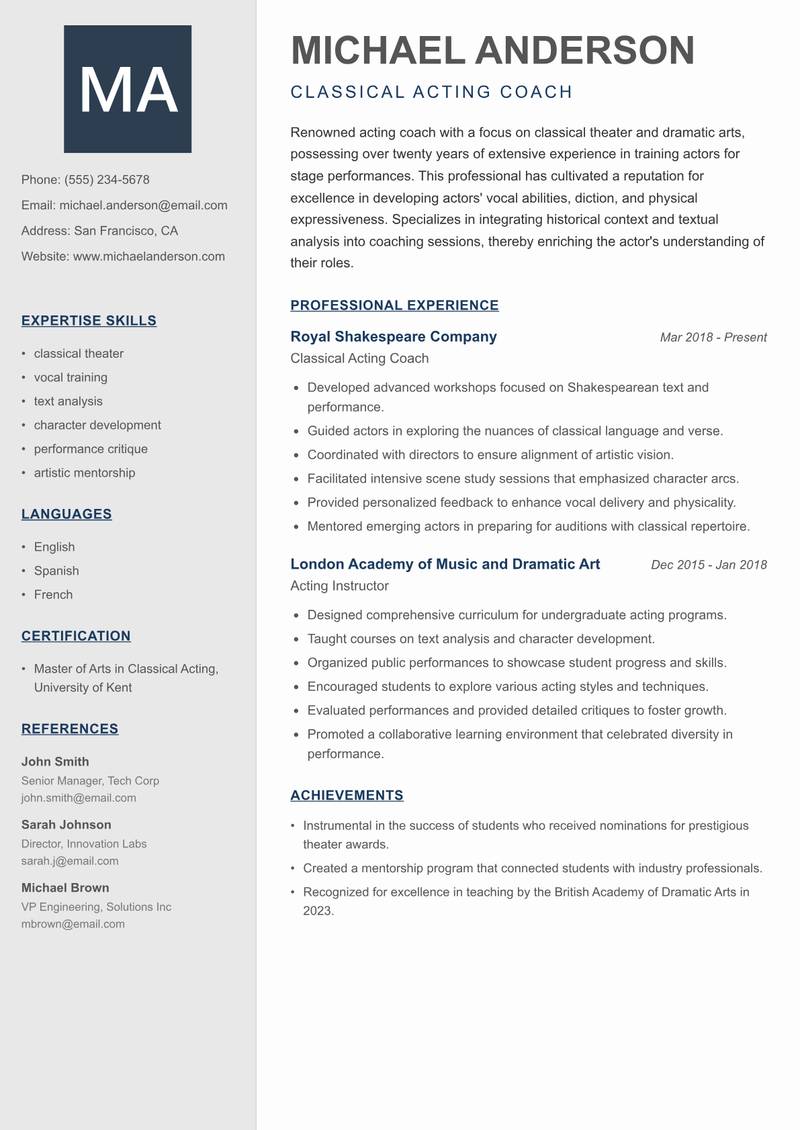 Acting Coach resume template — Creative Minimal