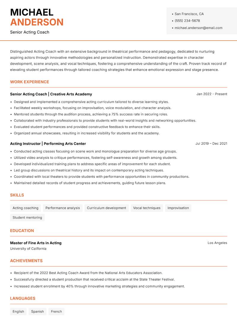 Acting Coach resume template — Modern Professional