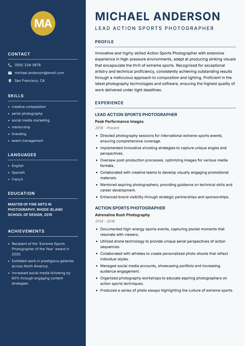 Action Sports Photographer resume template — Classic Clean