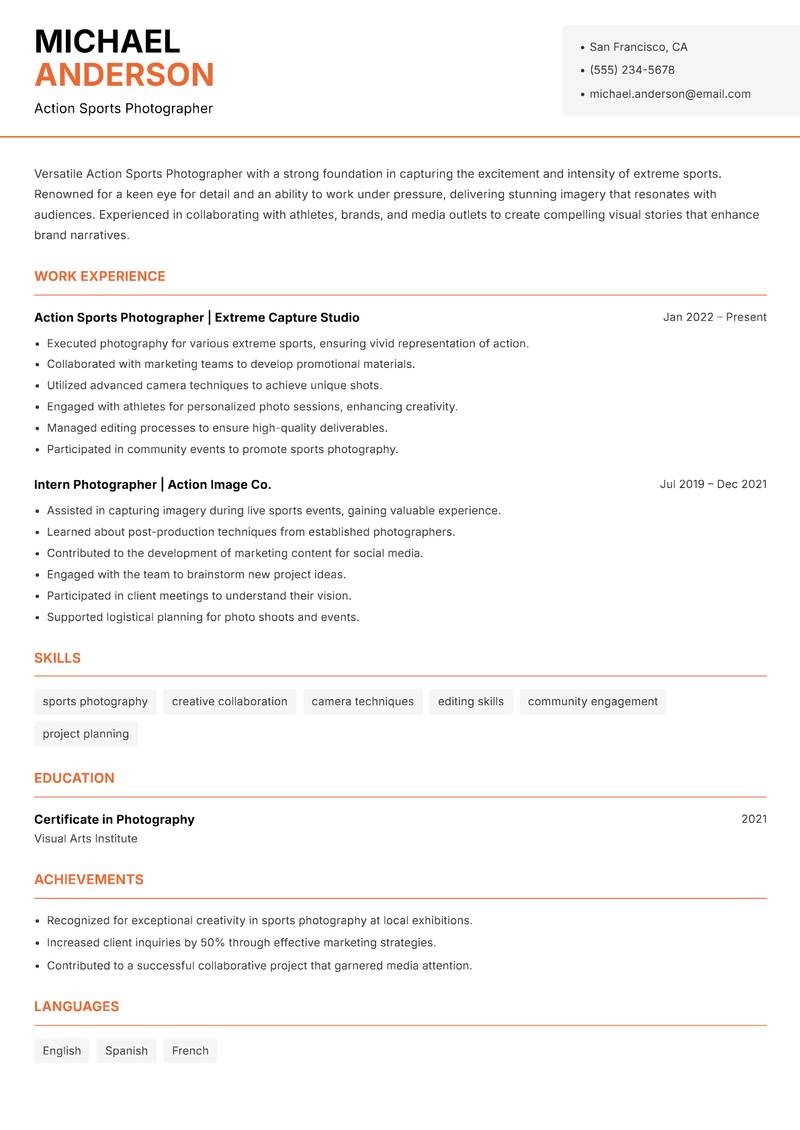 Action Sports Photographer resume template — Modern Professional