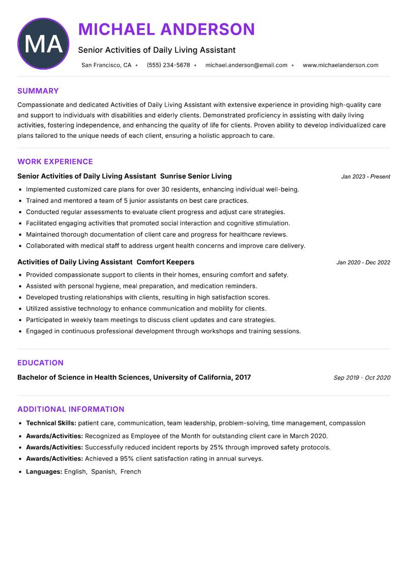 Activities of Daily Living Assistant resume example — Personal Care