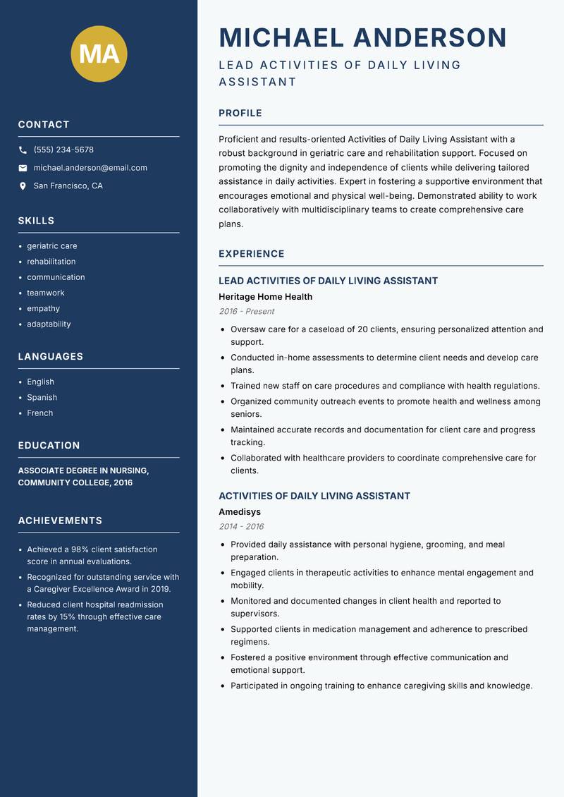 Activities of Daily Living Assistant resume template — Classic Clean