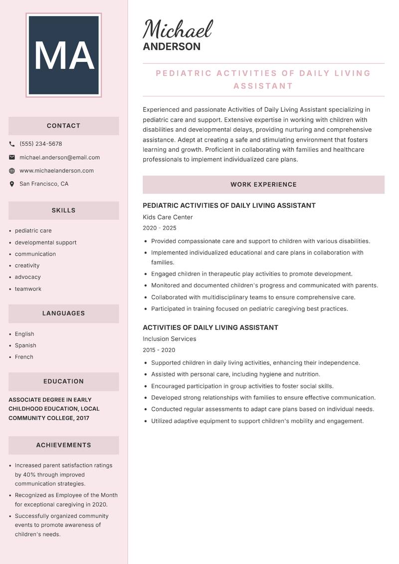 Activities of Daily Living Assistant resume template — Executive