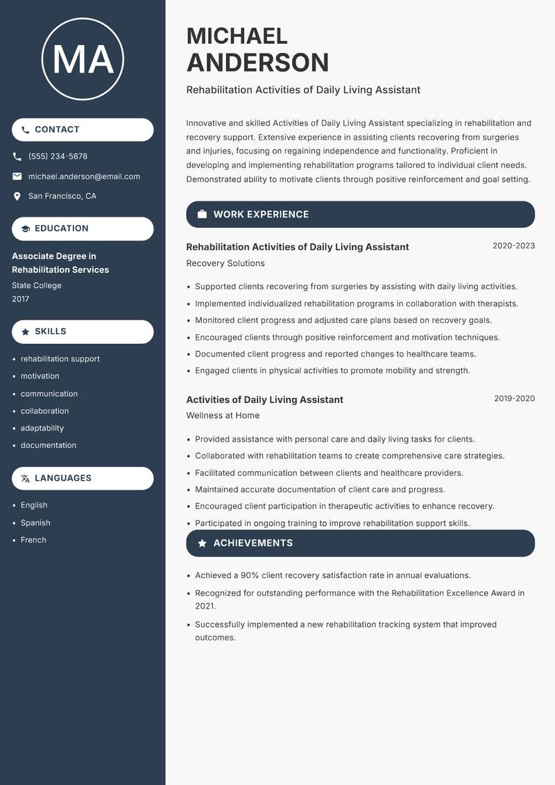 Activities of Daily Living Assistant resume template — Compact