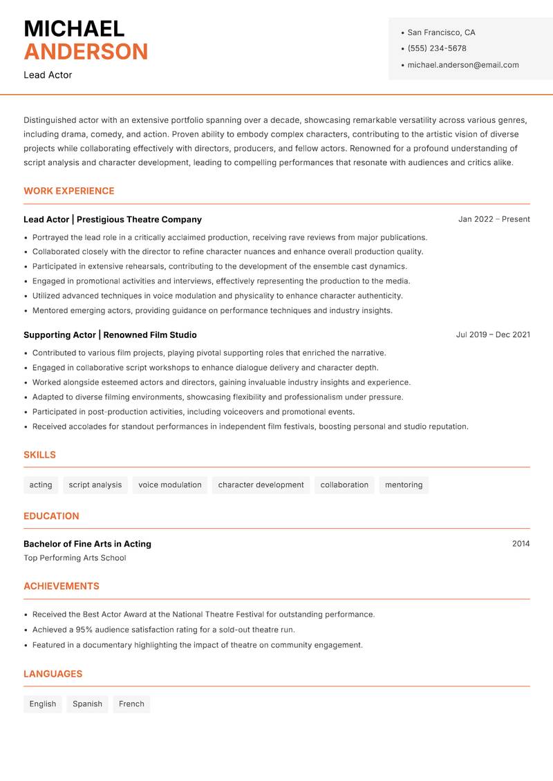 Actor resume template — Modern Professional