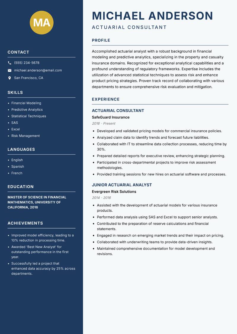 Actuarial Analyst resume template — Classic Clean