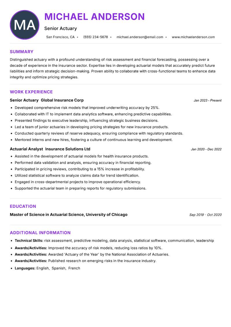 Actuary resume example — ATS-friendly template