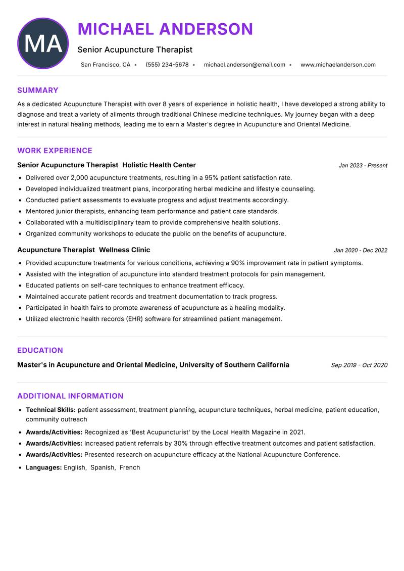 Acupuncture Therapist resume example — Alternative Medicine