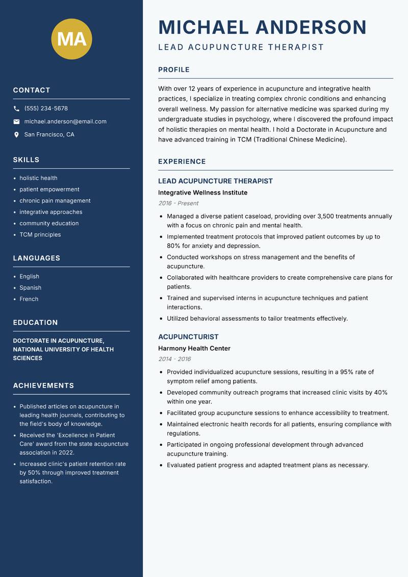 Acupuncture Therapist resume template — Classic Clean