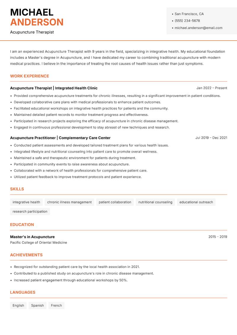 Acupuncture Therapist resume template — Modern Professional