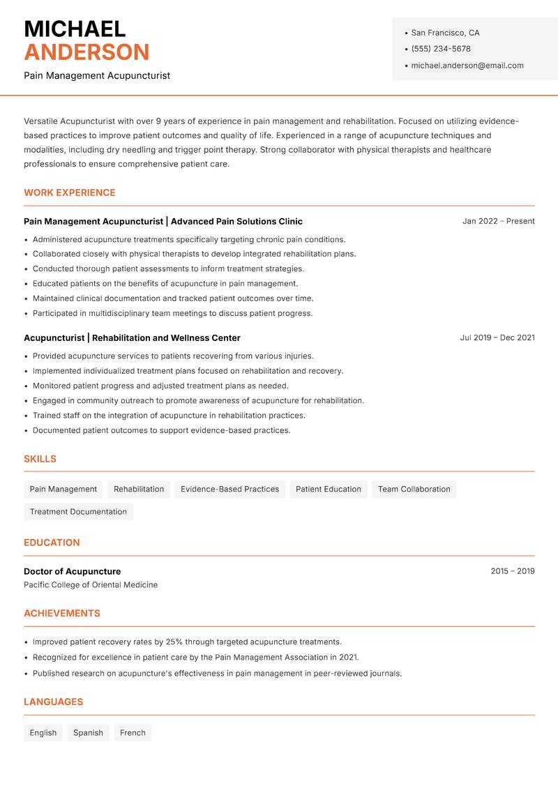 Acupuncturist resume template — Modern Professional