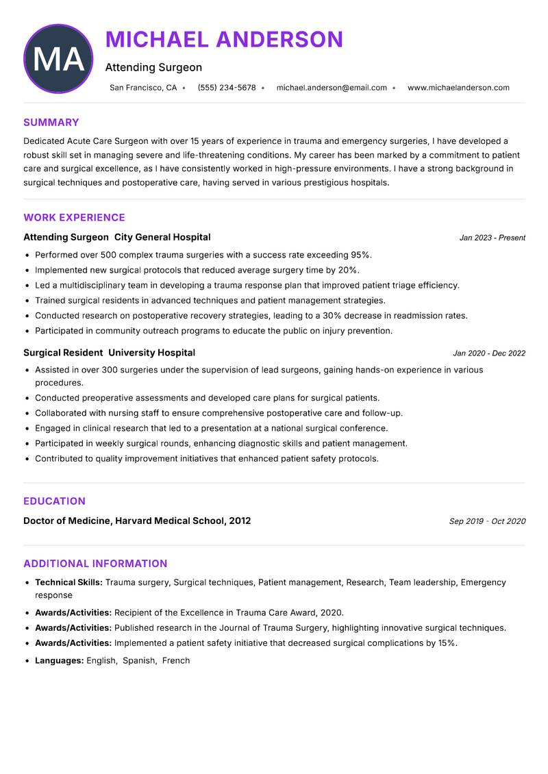 Acute Care Surgeon resume example — Surgical Medicine