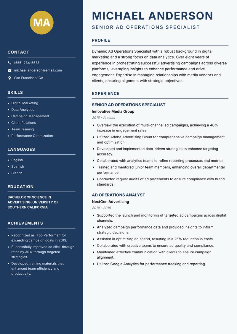 Ad Operations Specialist resume template — Classic Clean