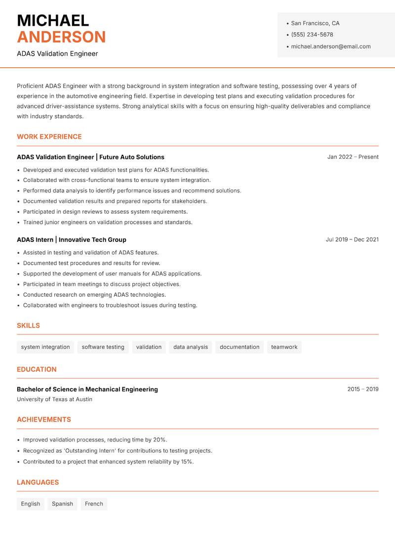 ADAS Engineer resume template — Modern Professional