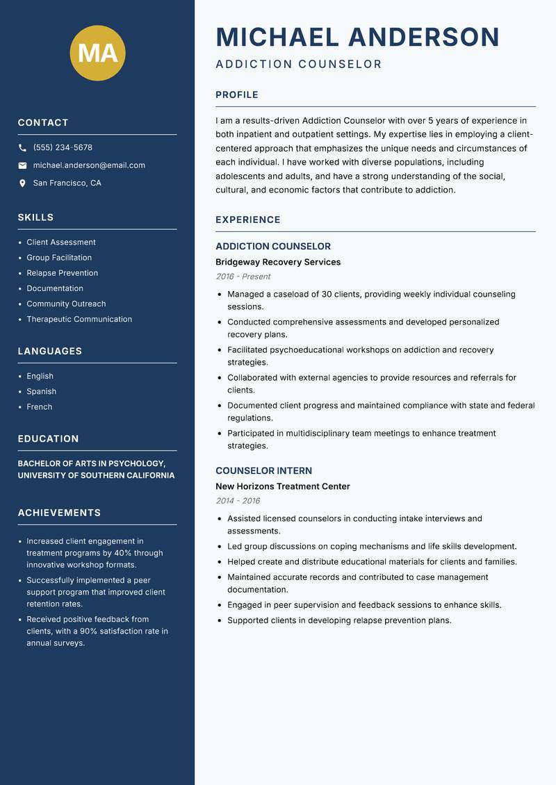 Addiction Counselor resume template — Classic Clean