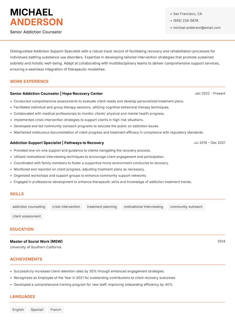Addiction Support Specialist resume template — Modern Professional