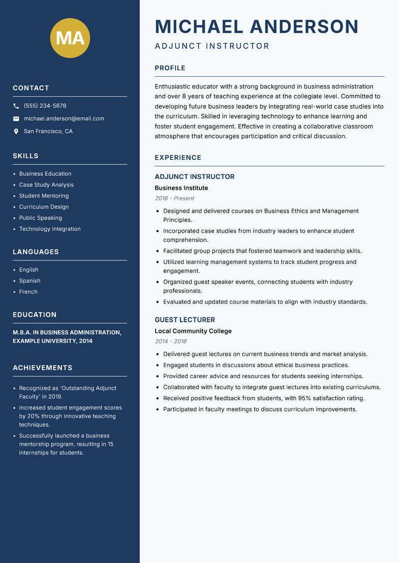 Adjunct Faculty resume template — Classic Clean