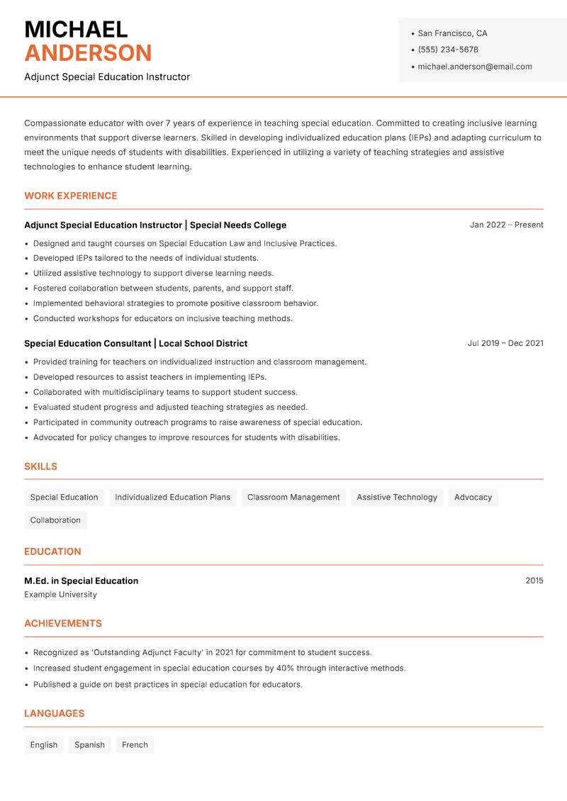 Adjunct Faculty resume template — Modern Professional