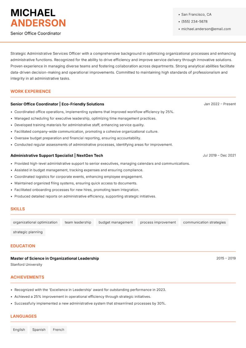 Administrative Services Officer resume template — Modern Professional